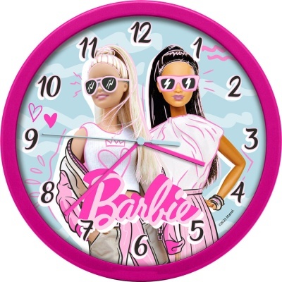Relógio de parede rosa com ilustração de duas bonecas Barbie e texto 'Barbie' no centro