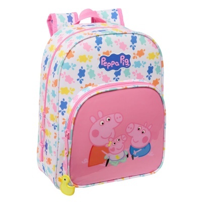 Mochila infantil colorida com estampa de ursinhos e personagens da Peppa Pig