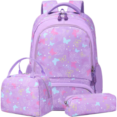 conjunto roxo de mochila, bolsa e estojo com borboletas e estrelas coloridas