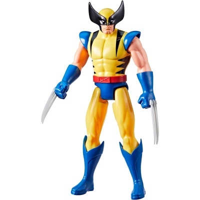 Figura de ação do Wolverine em traje amarelo e azul com garras prateadas