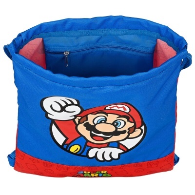 Mochila azul e vermelha com estampa do Super Mario e bolso interno