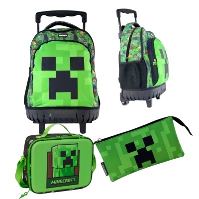 Conjunto Minecraft com mochila, estojo e mala térmica em verde com rosto de Creeper e padrão pixelizado.