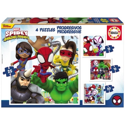 Caixa de 4 puzzles com personagens do Spidey Amazing Friends, coloridos e progressivos