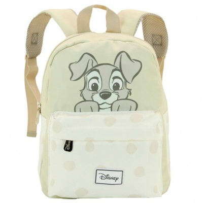 Mochila infantil bege com estampa de cão e bolso frontal com etiqueta Disney