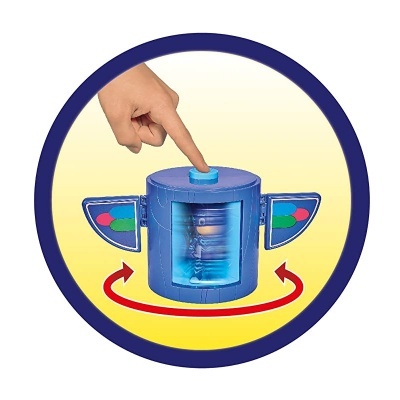 Dispositivo cilíndrico azul com portas laterais abertas e botão no topo, mostrando movimento giratório.