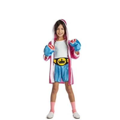 Criança com fato de boxeador infantil com robe, luvas, calções e cinto coloridos sobre fundo branco