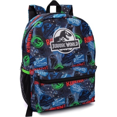 Mochila azul com estampado de dinossauros e logo Jurassic World