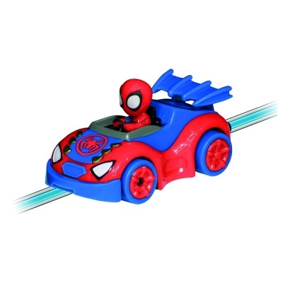 Carrinho de brinquedo vermelho e azul com figura do Homem-Aranha em fundo branco