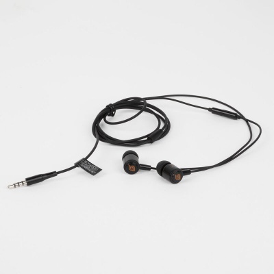 Auriculares intra-auriculares com fio pretos com logotipo laranja