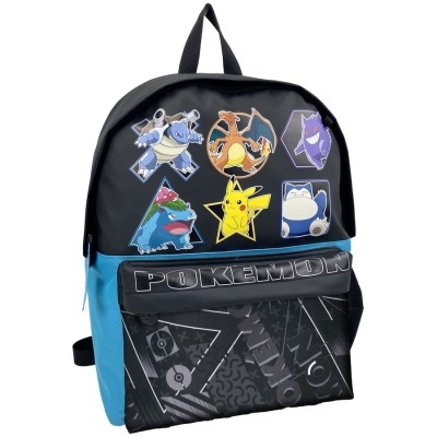 Mochila preta e azul com personagens Pokémon coloridos e texto POKEMON
