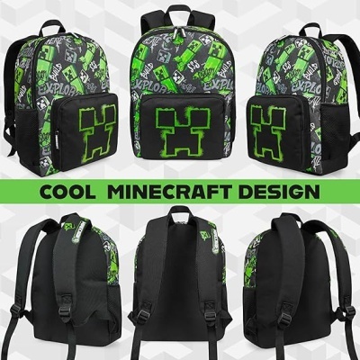 Mochila Minecraft preto e verde com padrão pixel e símbolos
