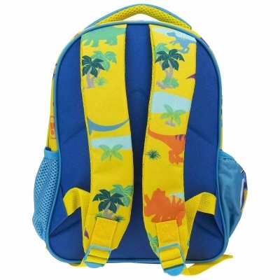 Mochila azul com alças amarelas com padrão de palmeiras e dinossauros