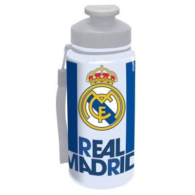 Garrafa desportiva branca com logótipo do Real Madrid e texto