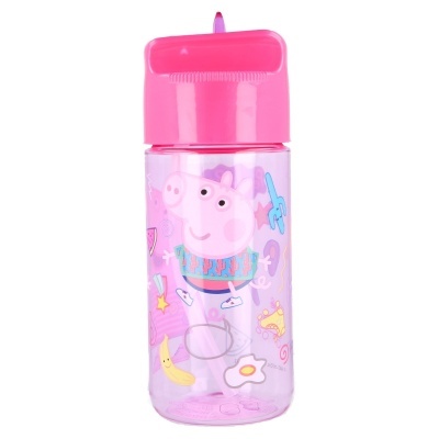 Garrafa infantil rosa transparente com desenho de porco e objetos coloridos