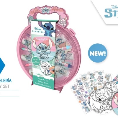 Estojo rosa de papelaria Disney Stitch com tubos de cola, autocolantes e desenhos para colorir.