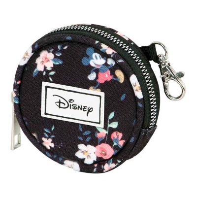 Estojo redondo preto com padrão floral e etiqueta Disney