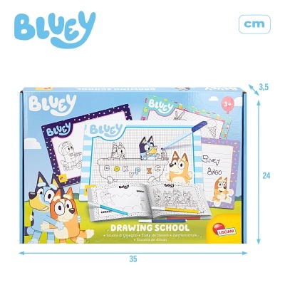 Conjunto de desenho Bluey Drawing School com personagens da série, caixa azul e caneta