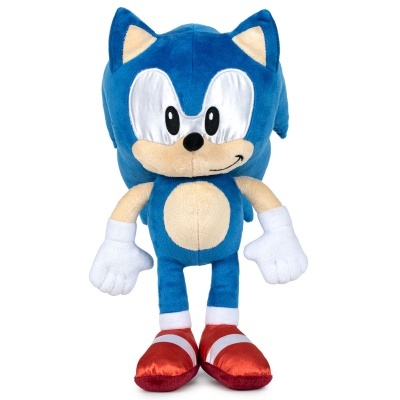 Pelúcia do personagem Sonic azul e bege com luvas brancas e sapatos vermelhos
