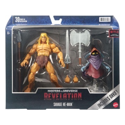 Figura de ação Savage He-Man com acessórios na embalagem Masters of the Universe Revelation