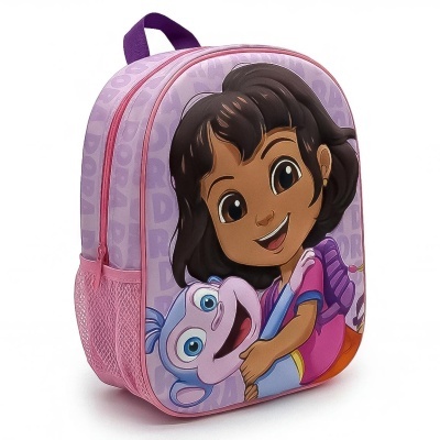 Mochila infantil cor-de-rosa com estampa de menina e macaco