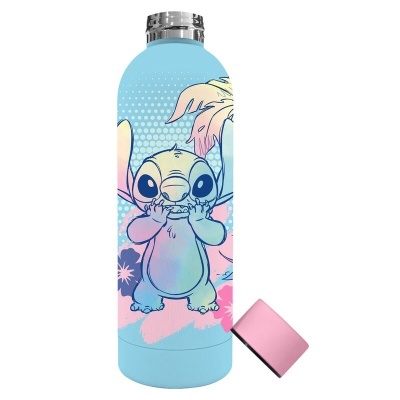 Garrafa de água metálica azul com personagem Stitch e tampa rosa