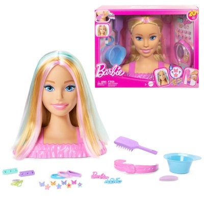 Boneca cabeceira Barbie com cabelo colorido e acessórios para penteados