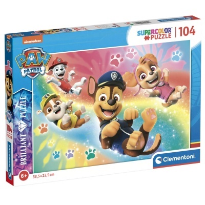 Quebra-cabeças PAW Patrol 104 peças Clementoni com personagens animados sobre fundo colorido