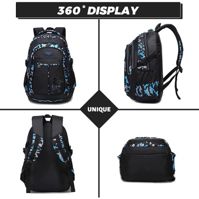 Mochila preta com padrões camuflados azuis vista de vários ângulos