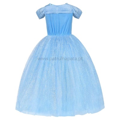 Vestido infantil azul com saia de tule e mangas bufantes