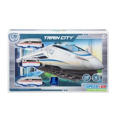 Imagem de conjunto de brinquedo de comboio elétrico 'TRAIN CITY' CB Toys com três carruagens brancas e embalagem azul