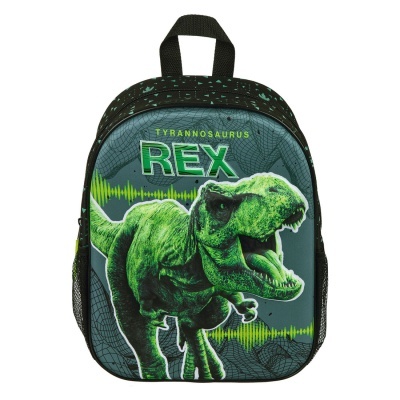Mochila preta com estampa verde de dinossauro Tyrannosaurus Rex.