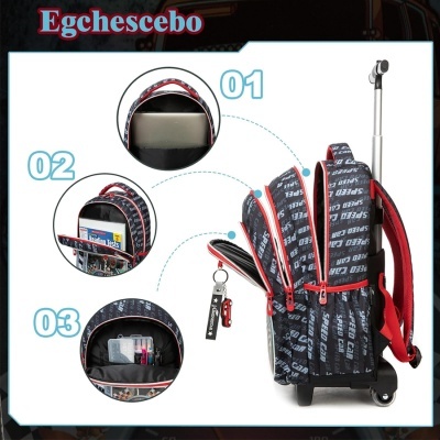 Mochila com rodas preta e detalhes vermelhos e texto SPEED CAR