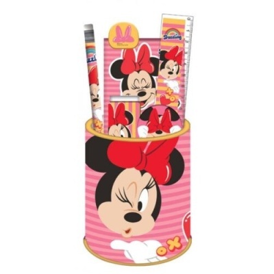 Conjunto de material escolar da Minnie em tons de rosa e vermelho