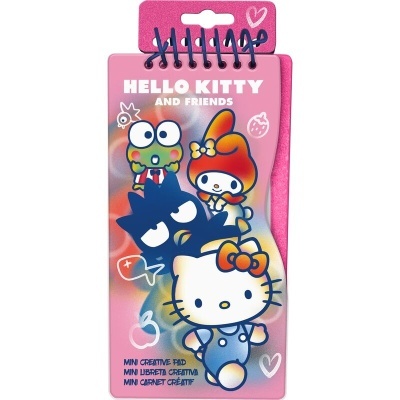 Bloco criativo Hello Kitty com personagens e texto em fundo rosa
