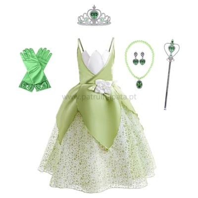 Fantasia infantil verde com vestido, coroa, luvas, colar, brincos e cetro