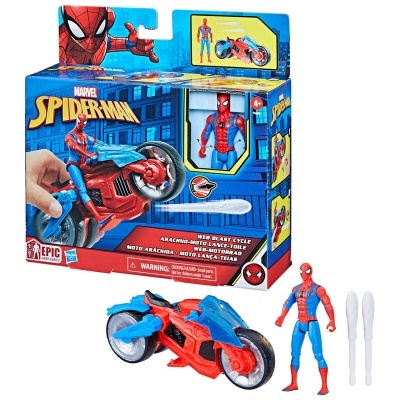 Conjunto de Spider-Man com mota e acessórios na embalagem
