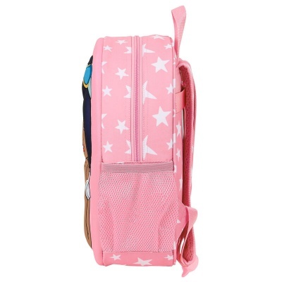 Mochila infantil cor-de-rosa com estrelas brancas vista lateral