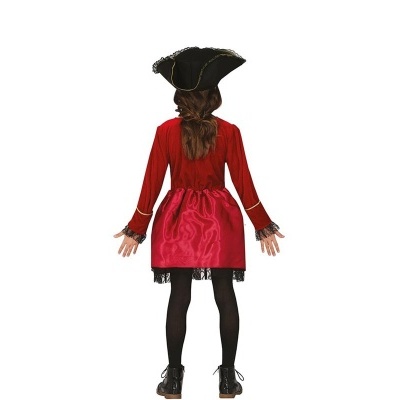 Fantasia infantil de pirata vermelha com chapéu preto vista de costas