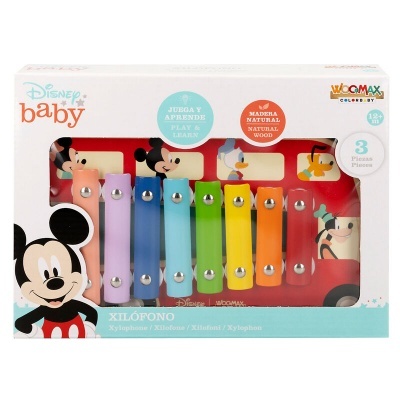 Xilofone de madeira colorido Disney Baby em caixa com elementos Disney e texto