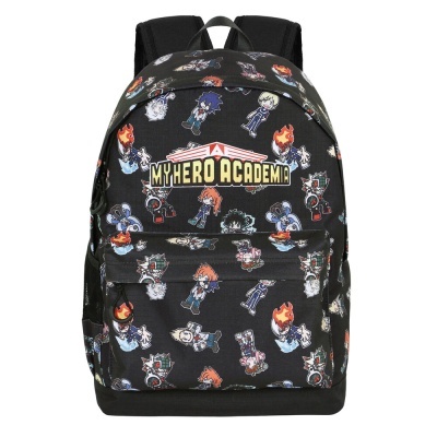 Mochila preta com estampas de personagens e texto MY HERO ACADEMIA