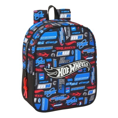 Mochila infantil preta com estampa colorida Hot Wheels e bolso lateral