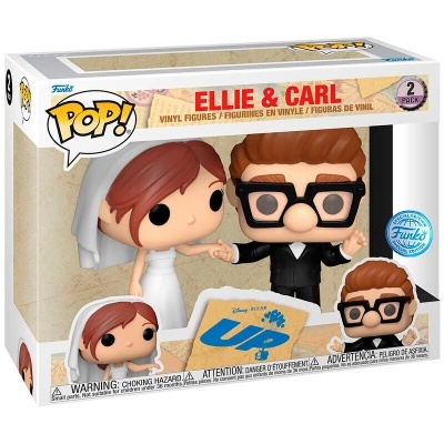 Figuras Funko Pop de Ellie e Carl de Up, embalagem e texto visíveis