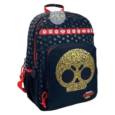 Mochila preta com estampa dourada de caveira e detalhes vermelhos