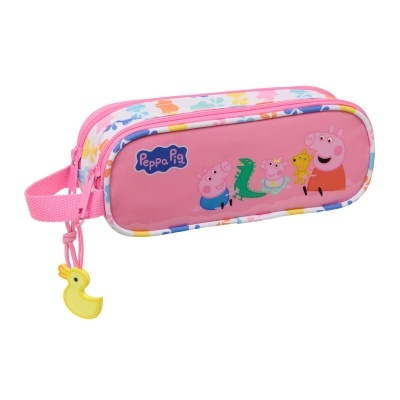 Estojo escolar rosa com personagens da Peppa Pig e puxador amarelo em forma de pato.