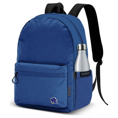 Mochila azul com logo do Sonic e garrafa prateada na lateral