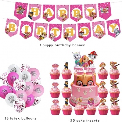 Conjunto de festa de aniversário com tema de cães incluindo banner, balões, bolo e enfeites para bolos.