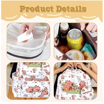 Mochila branca estampada com capivaras, bolsa térmica prateada, alimentos e bebidas dentro