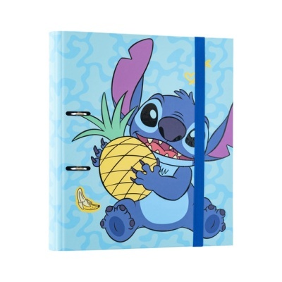 Pasta azul claro decorada com personagem Stitch segurando ananás amarelo