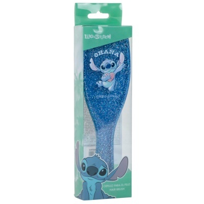 Escova de cabelo azul com glitter e personagem Stitch em caixa transparente