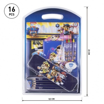 Conjunto escolar PAW THE MOVIE com 16 peças em fundo azul embalado em plástico transparente